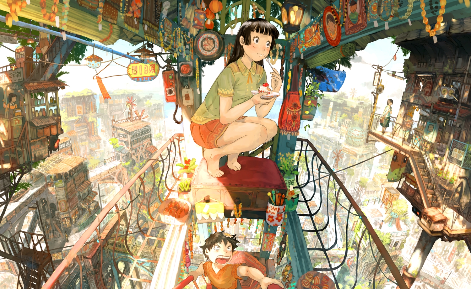 barefoot, black_hair, building, cake, city, food, male, original