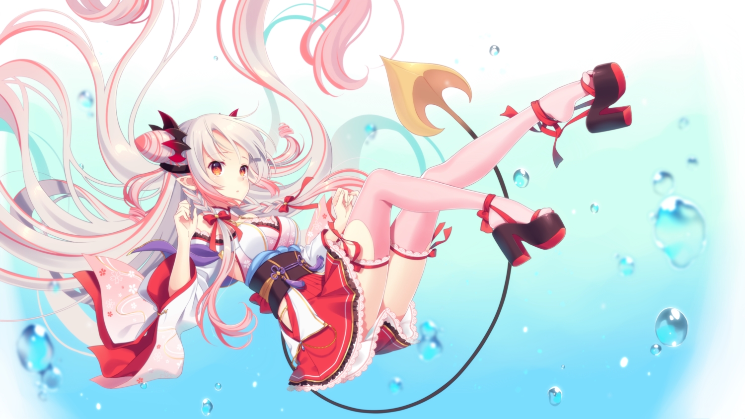 demon, gradient, gray_hair, honey_strap, japanese_clothes, kusumoto_shizuru, long_hair, orange_eyes, pointed_ears, suou_patra, tail, thighhighs, water
