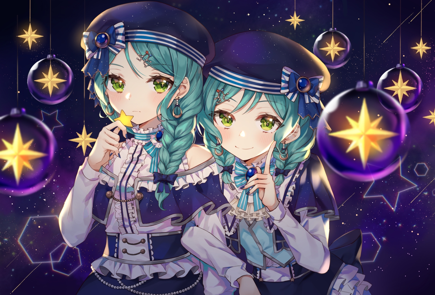 2girls, bang_dream!, bow, braids, churi_(oxxchurixxo), green_eyes, green_hair, hat