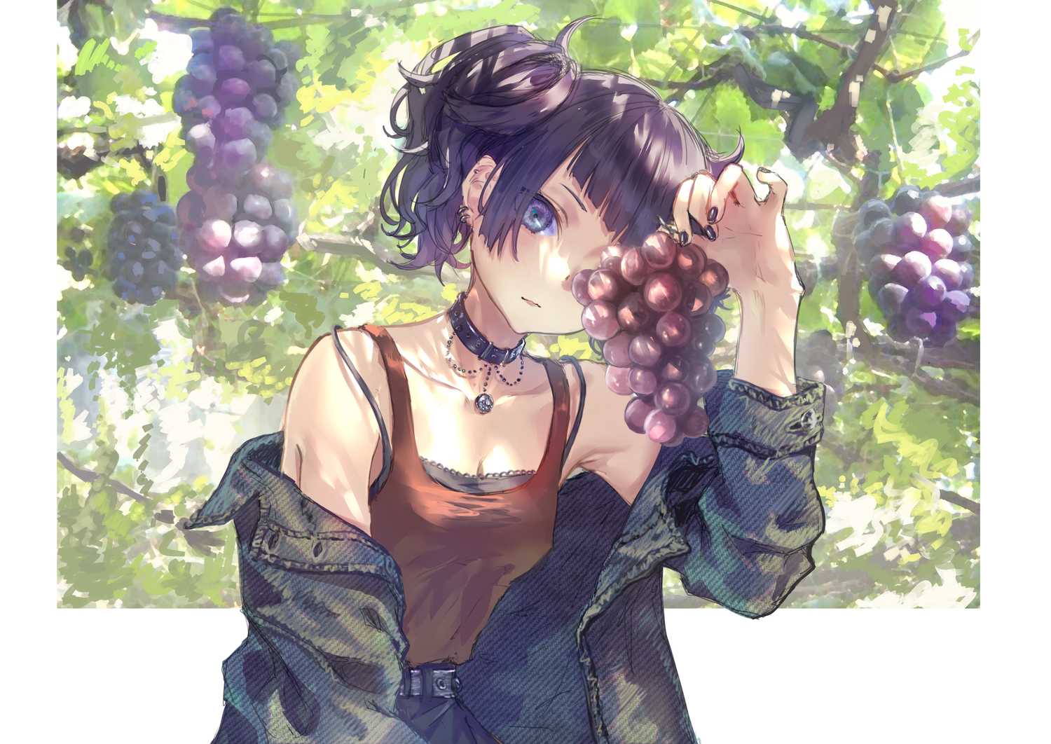 collar, food, fruit, idolmaster, idolmaster_shiny_colors, long_hair, open_shirt, purple_eyes