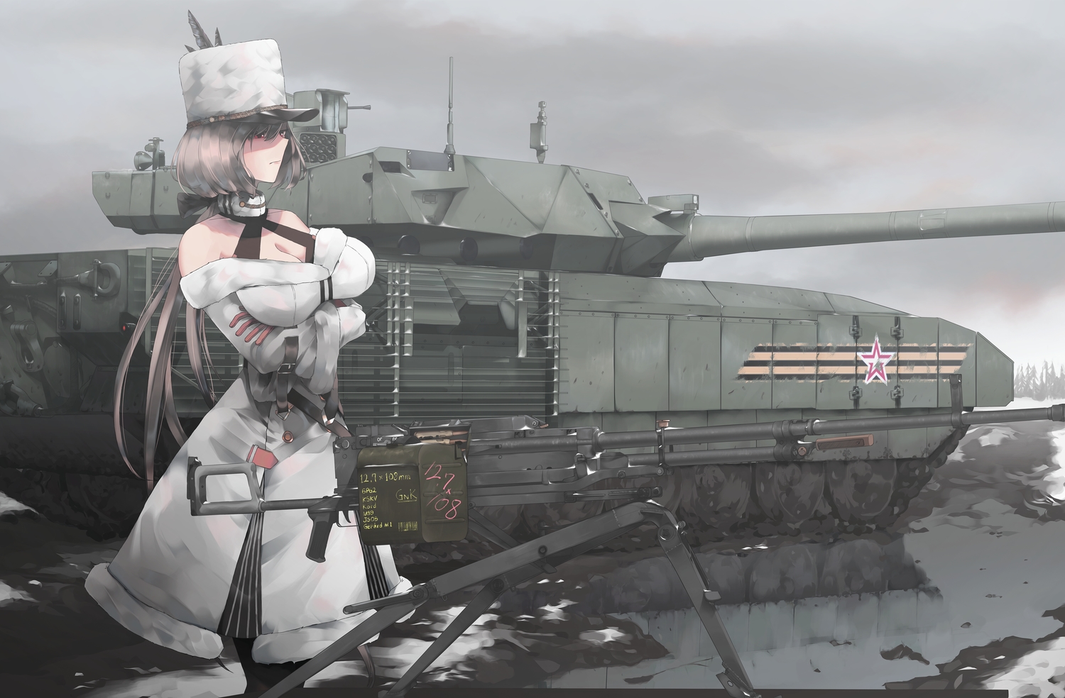 anthropomorphism, breasts, cleavage, girls_frontline, gray_hair, gun, hat, kord_(girls_frontline), long_hair, ponytail, red_eyes, treeman, uniform, weapon