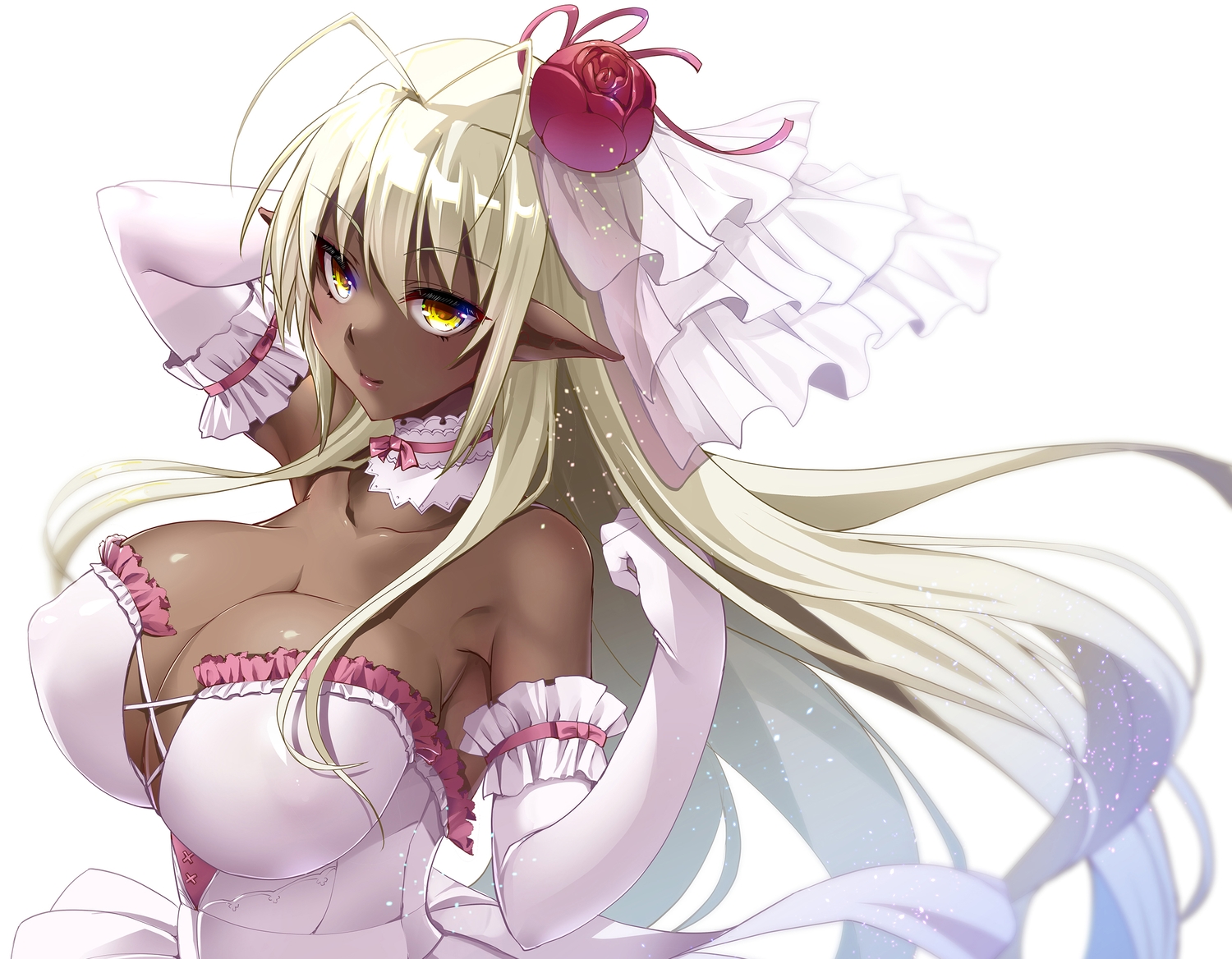 breasts, cleavage, cropped, dark_skin, elbow_gloves, gloves, kouki_kuu, long_hair