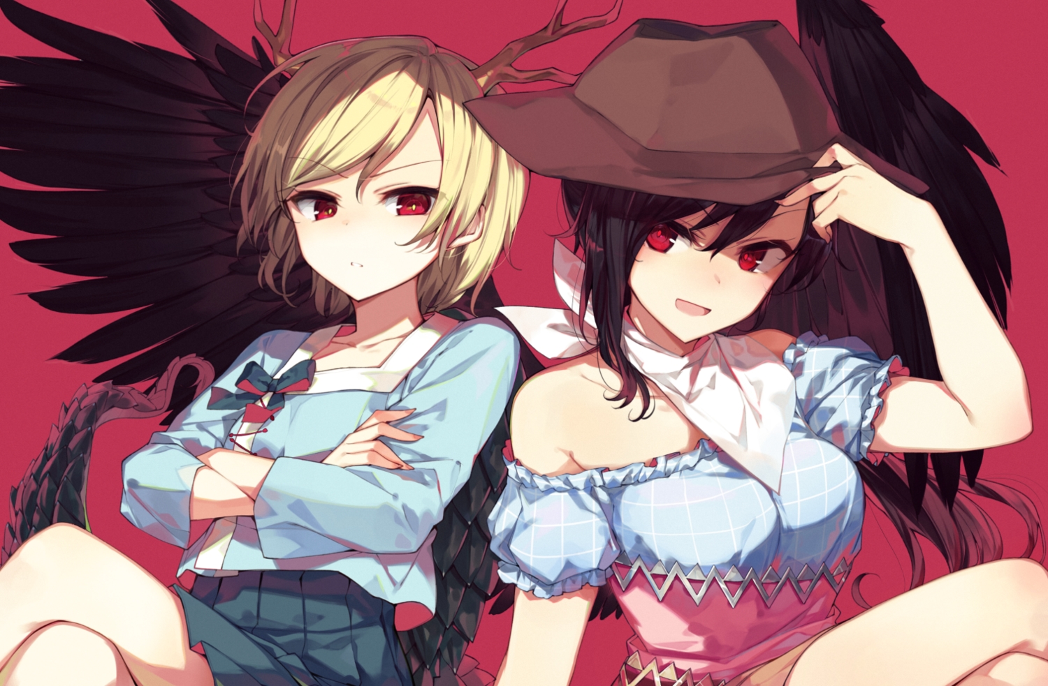 2girls, black_hair, blonde_hair, hat, horns, kicchou_yachie, kurokoma_saki, long_hair, ponytail, red_eyes, shnva, short_hair, skirt, touhou, wings