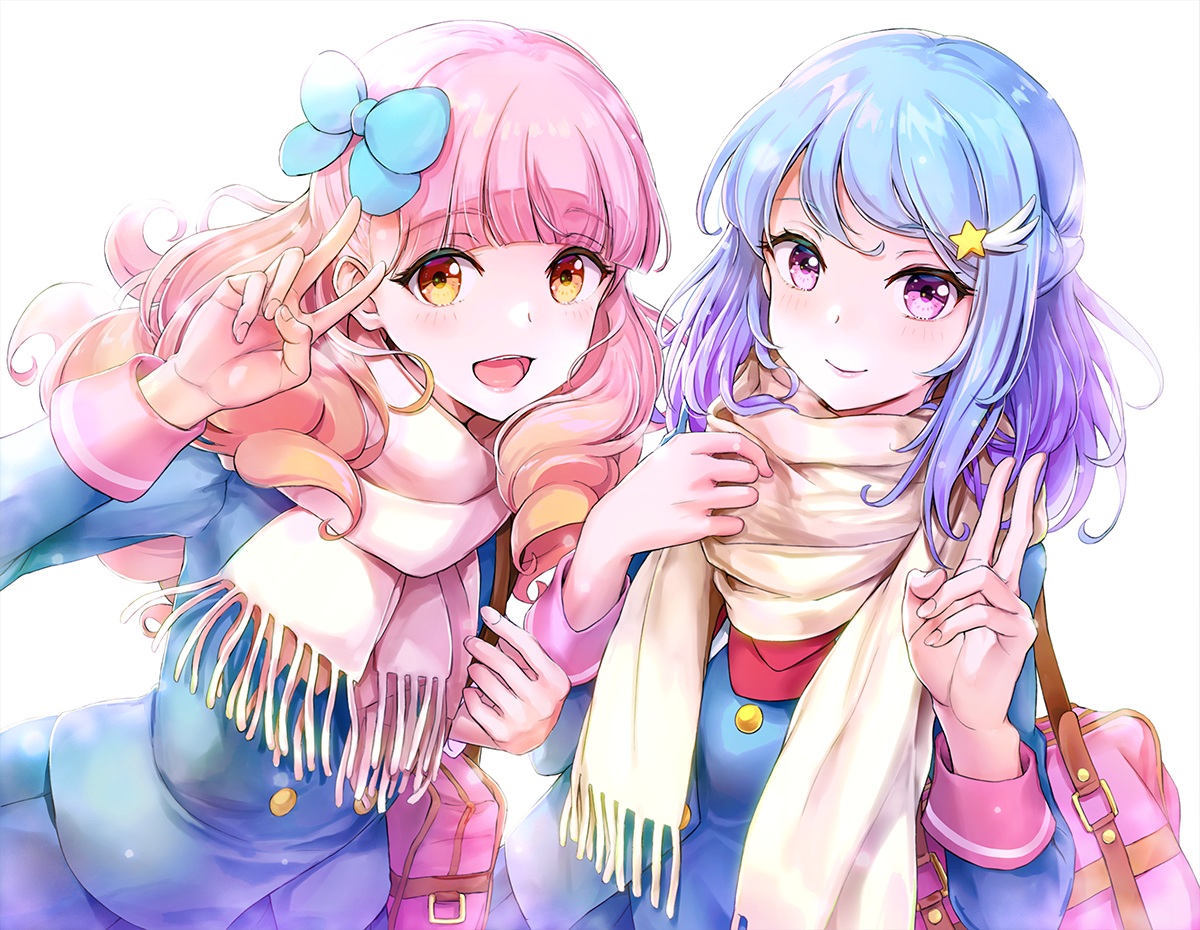 2girls, aikatsu!, blue_hair, blush, bow, long_hair, minato_mio, pink_hair, purple_eyes, scarf, school_uniform, tokeshi, yellow_eyes, yuuki_aine