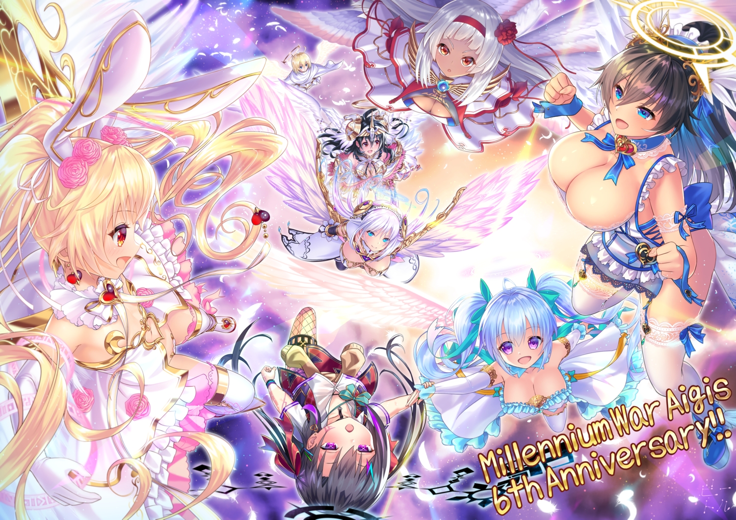 bettle_(b_s_a_n), breasts, chloe_(sennen_sensou_aigis), cleavage, erun_(sennen_sensou_aigis), flat_chest, group, halo, long_hair, miruno_(sennen_sensou_aigis), niel_(sennen_sensou_aigis), paphiria_(sennen_sensou_aigis), phonia_(sennen_sensou_aigis), sennen_sensou_aigis, sephire_(sennen_sensou_aigis), sky, sophie_(sennen_sensou_aigis), thighhighs, twintails, wings