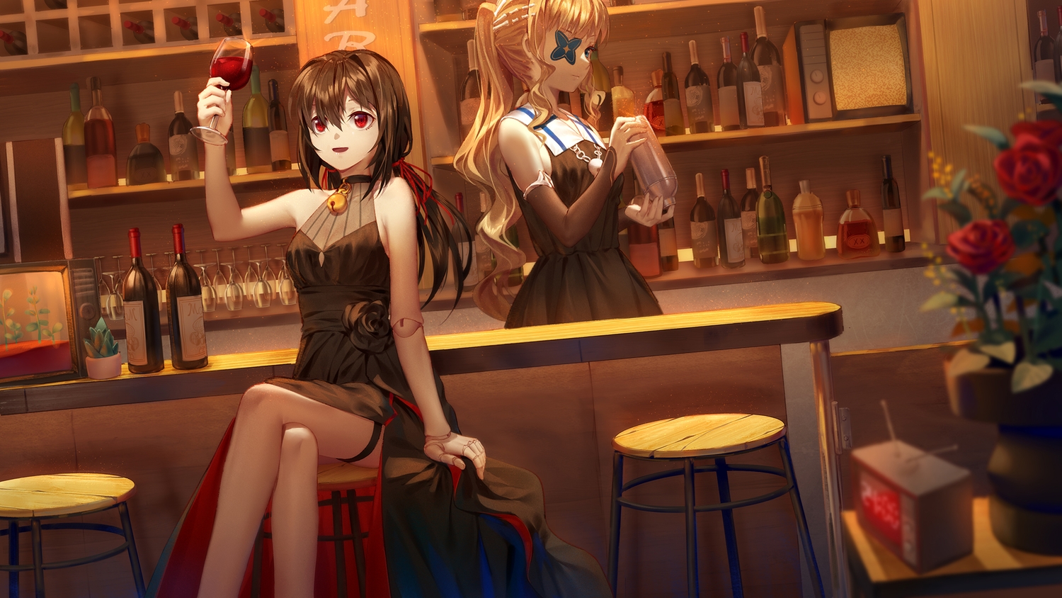 blonde_hair, blue_eyes, brown_hair, doll, dress, eyepatch, ji_dao_ji, long_hair