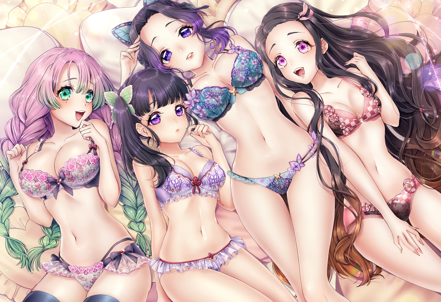 bed, black_hair, blush, bra, braids, cropped, fang, green_eyes, group, kamado_nezuko, kanroji_mitsuri, kimetsu_no_yaiba, kochou_shinobu, long_hair, navel, panties, ponytail, purple_eyes, purple_hair, suuzuki_ayato, thighhighs, tsuyuri_kanao, twintails, underwear