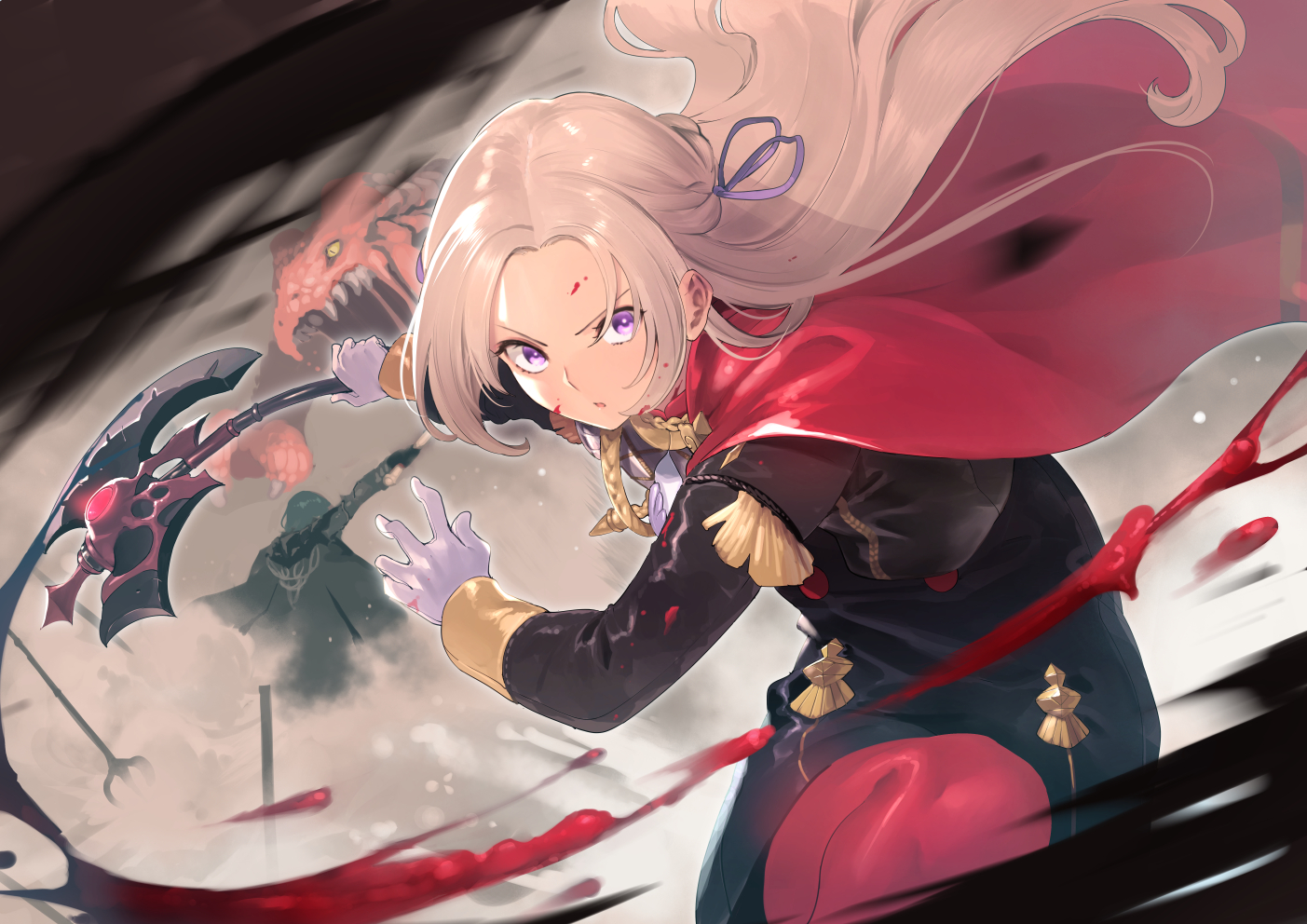 blonde_hair, blood, cape, edelgard_von_hresvelg, fire_emblem, gloves, itsutsuse, purple_eyes