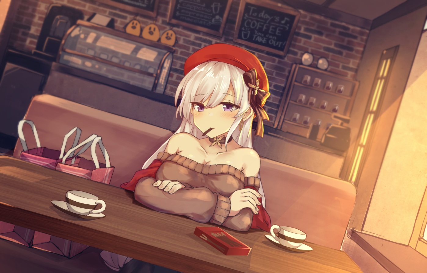 anthropomorphism, azur_lane, belfast_(azur_lane), bow, food, hat, long_hair, manjuu_(azur_lane), pocky, purple_eyes, shinopoko, white_hair