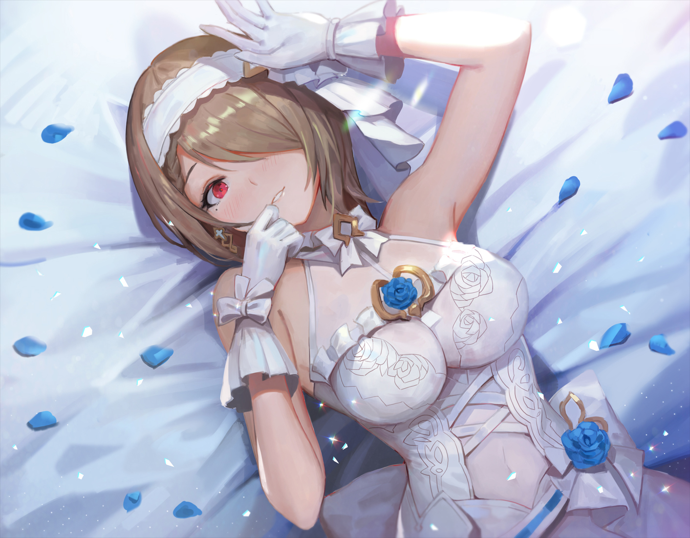 bed, close, flowers, headband, honkai_impact, honkai_(series), rainmood, red_eyes, rita_rossweisse, rose, short_hair