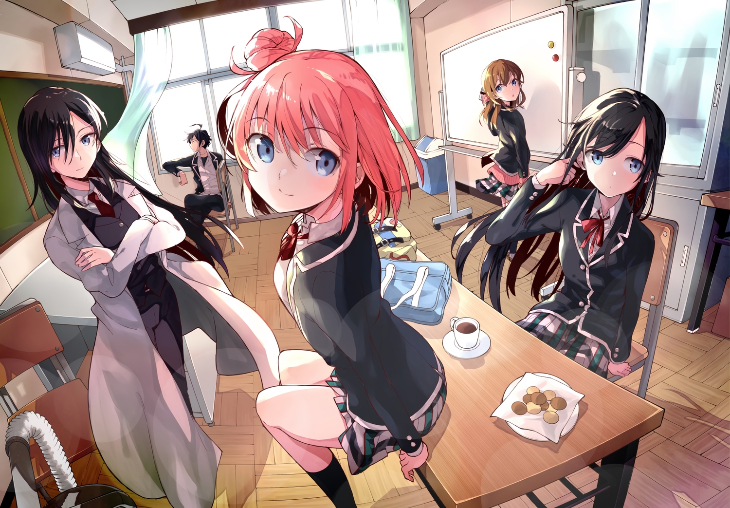 aliasing, food, hikigaya_hachiman, hiratsuka_shizuka, isshiki_iroha, long_hair, male, ponkan_eight