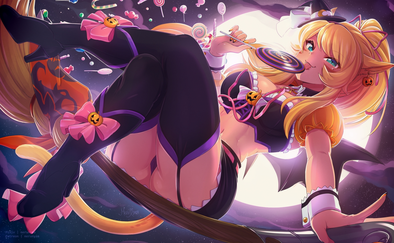 animal_ears, blonde_hair, boots, candy, catgirl, clouds, fang, final_fantasy, final_fantasy_xiv, garter_belt, green_eyes, halloween, hat, lollipop, long_hair, merunyaa, miqo'te, moon, navel, night, panties, ponytail, signed, skirt, sky, stars, tail, thighhighs, underwear, watermark, witch, witch_hat, wristwear