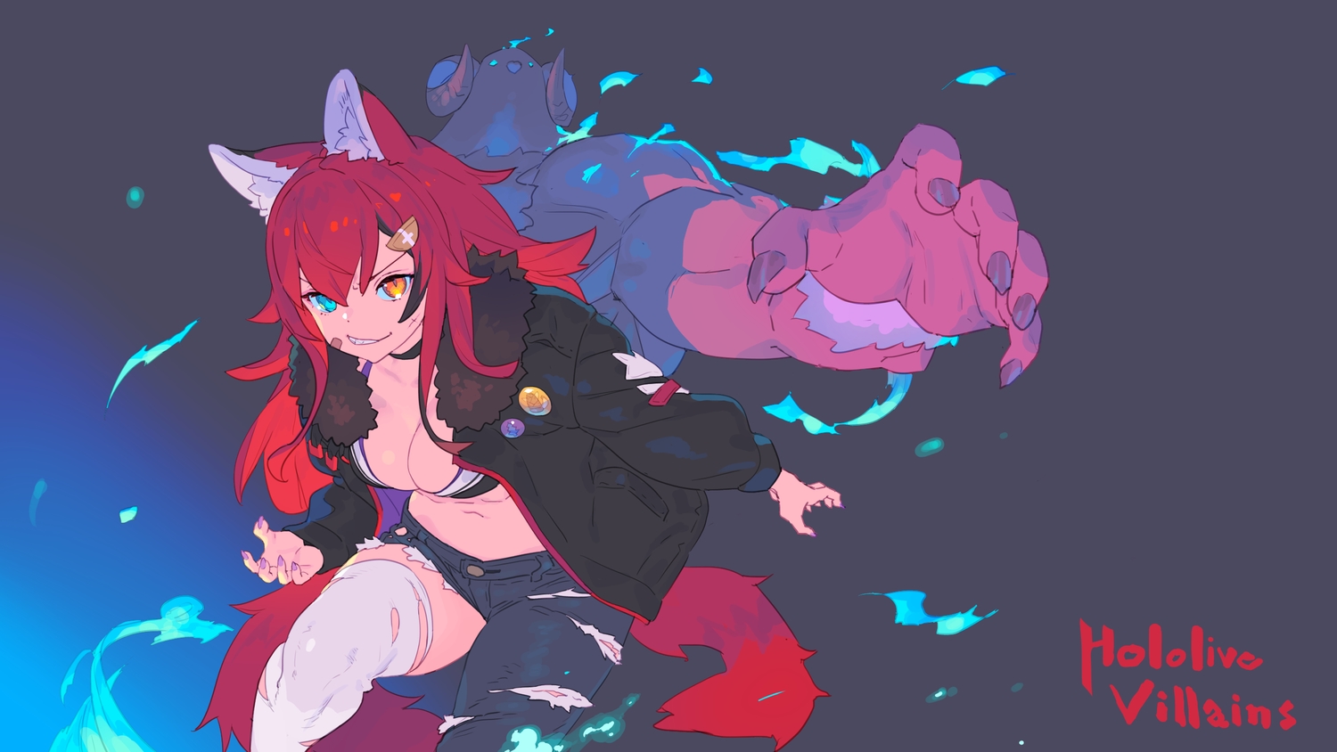 animal_ears, bandaid, bicolored_eyes, bikini_top, breasts, cleavage, fang, gray