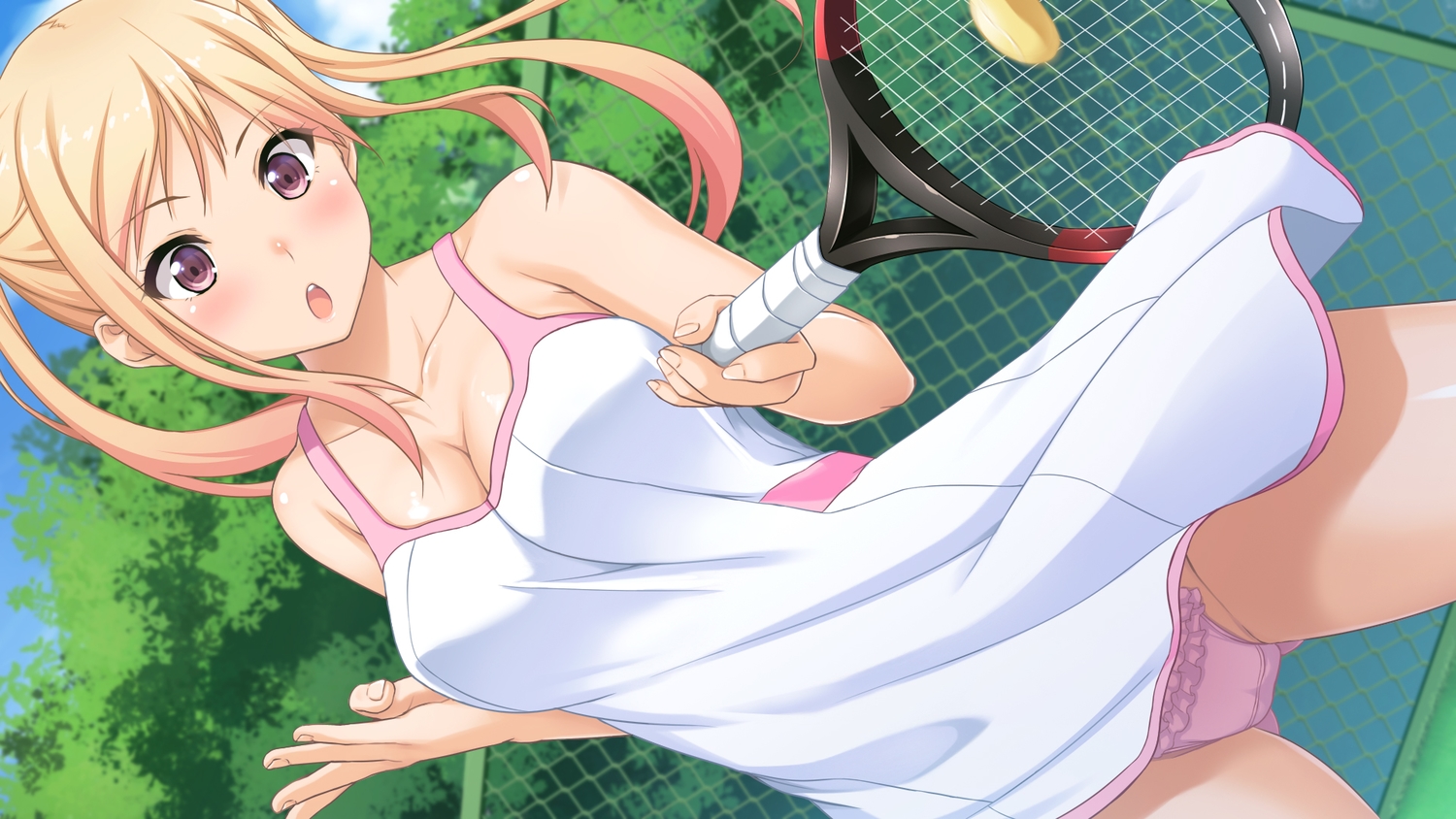 blonde_hair, breasts, cleavage, fujirin, green, original, panties, sport