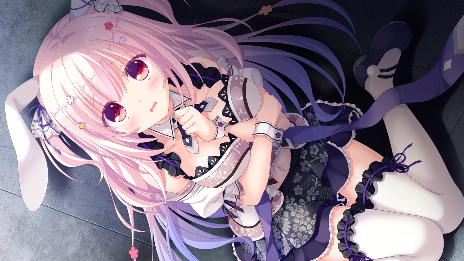 animal_ears, breast_hold, bunny_ears, bunnygirl, dress, game_cg, garter, long_hair