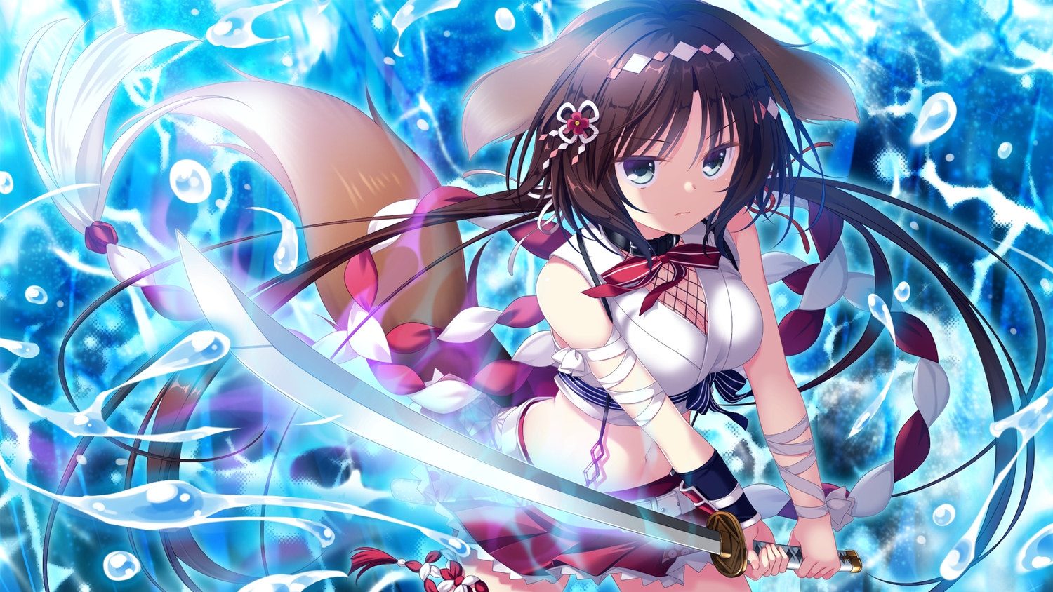 animal_ears, bandage, black_eyes, brown_hair, doggirl, game_cg, katana, magic