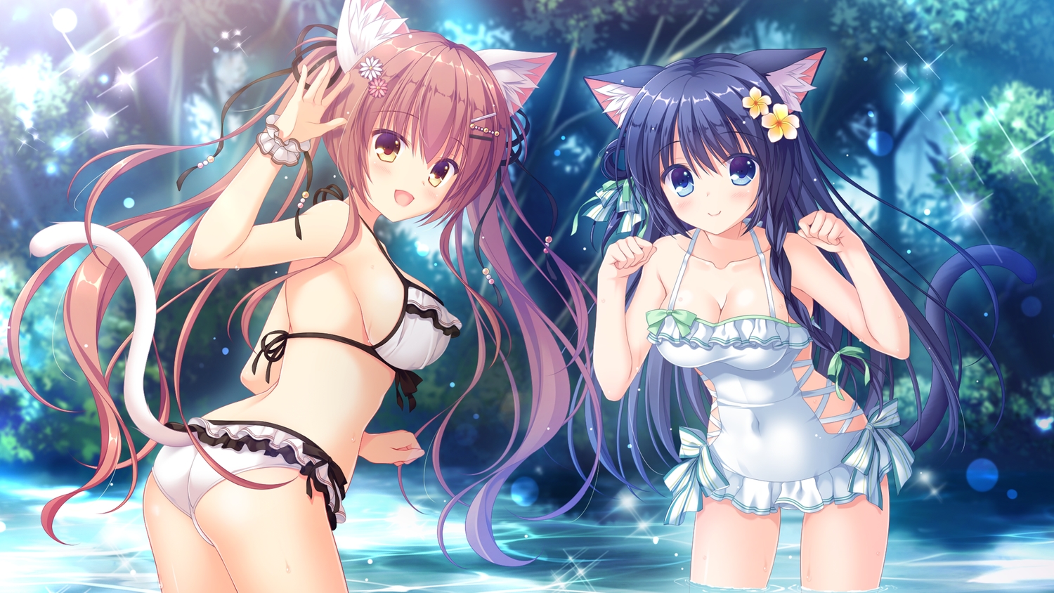 2girls, animal_ears, ass, bikini, black_hair, blue_eyes, blush, bow
