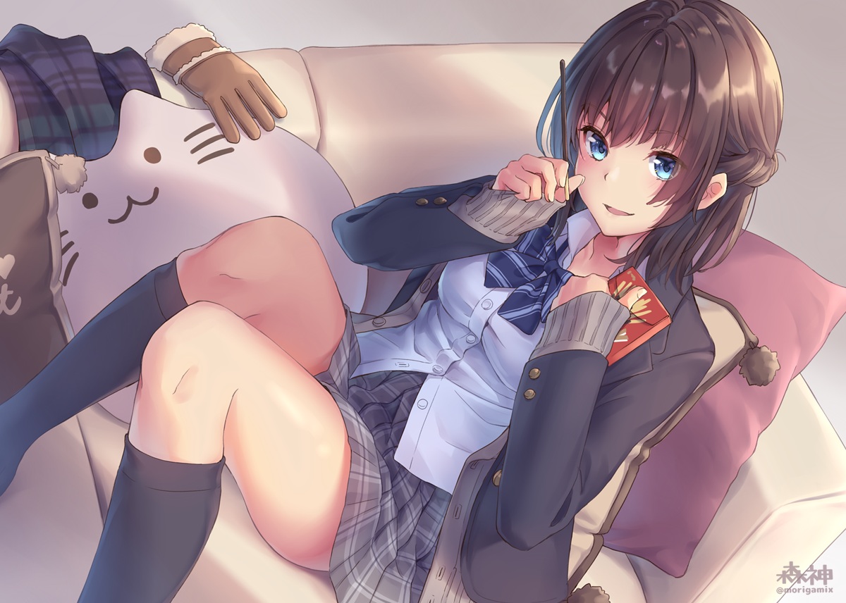 aqua_eyes, black_hair, bow, braids, couch, d-style_wed, food, gloves