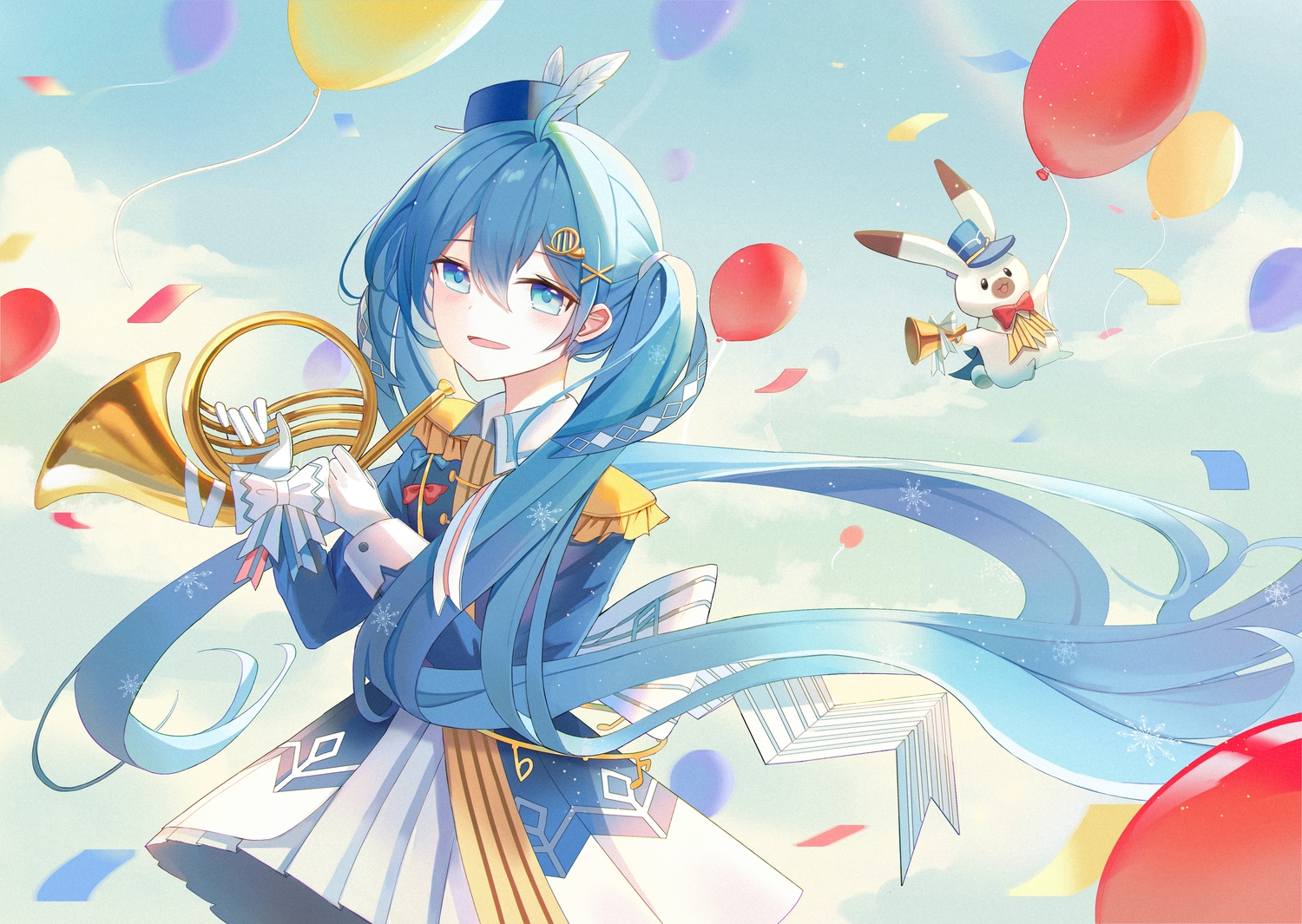 animal, aqua_eyes, aqua_hair, clouds, gloves, hatsune_miku, instrument, iren_lovel