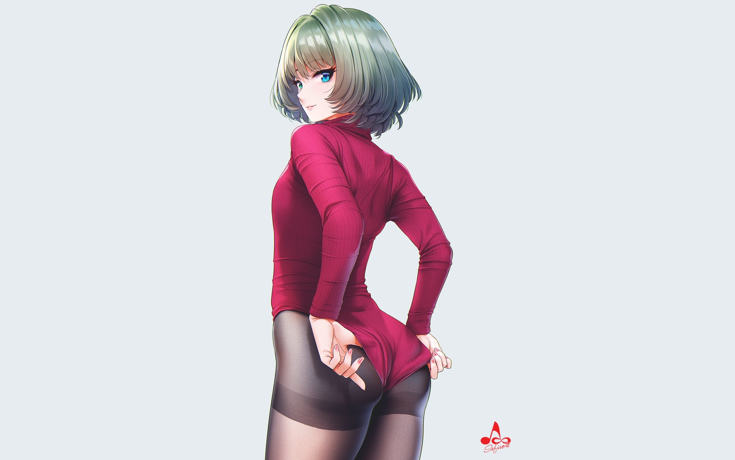 ass, bicolored_eyes, green_hair, idolmaster, idolmaster_cinderella_girls, infinote, leotard, pantyhose, short_hair, takagaki_kaede, watermark