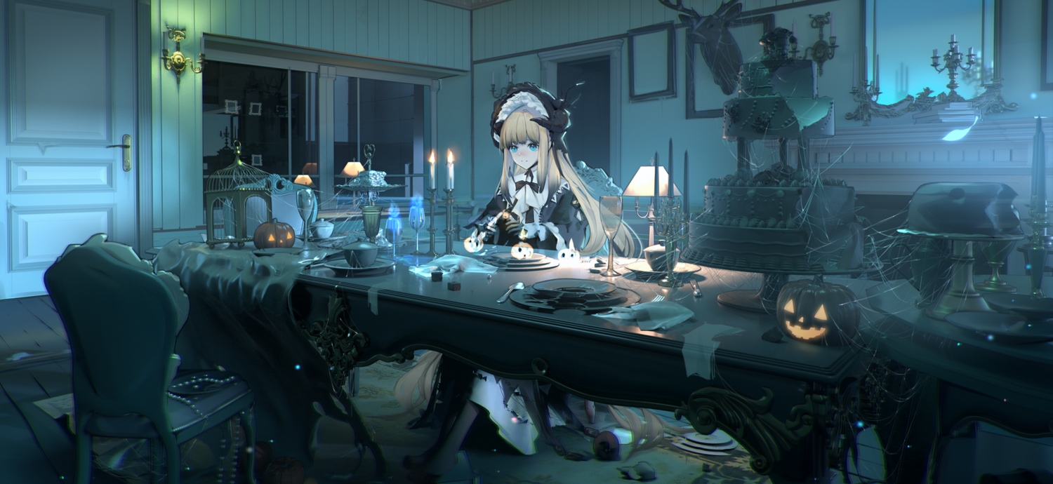 3d, arknights, blonde_hair, cake, cropped, food, goth-loli, halloween