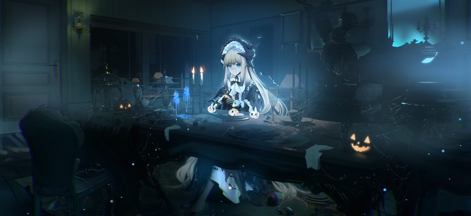 3d, arknights, blonde_hair, cropped, dark, goth-loli, halloween, itohime, lolita_fashion, long_hair, nightingale_(arknights), pumpkin