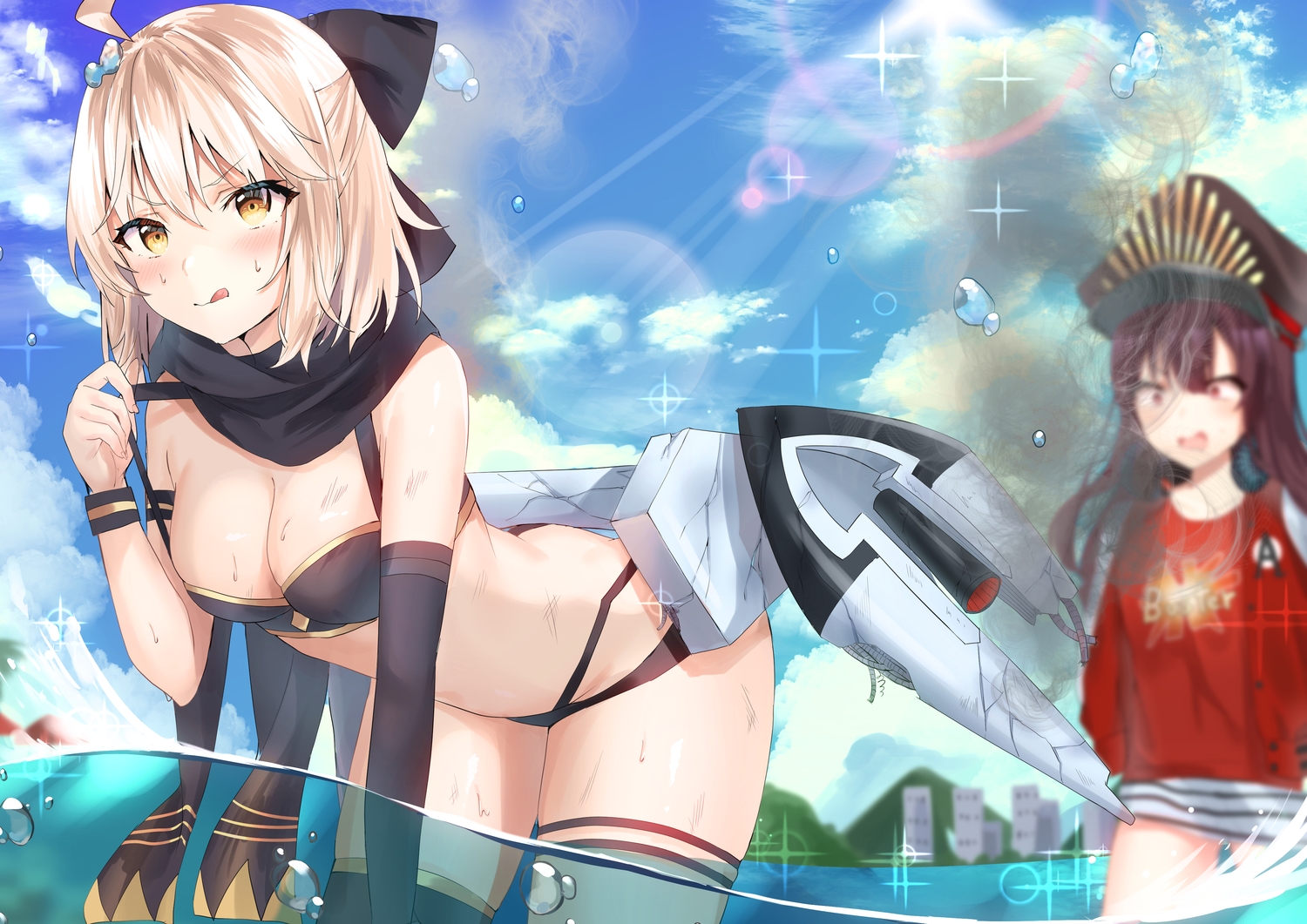 2girls, bikini, blonde_hair, bow, breasts, clouds, fate/grand_order, fate_(series), garter, nobunaga_oda_(fate), okita_souji_(fate), short_hair, swimsuit, thighhighs, yellow_eyes, yufou