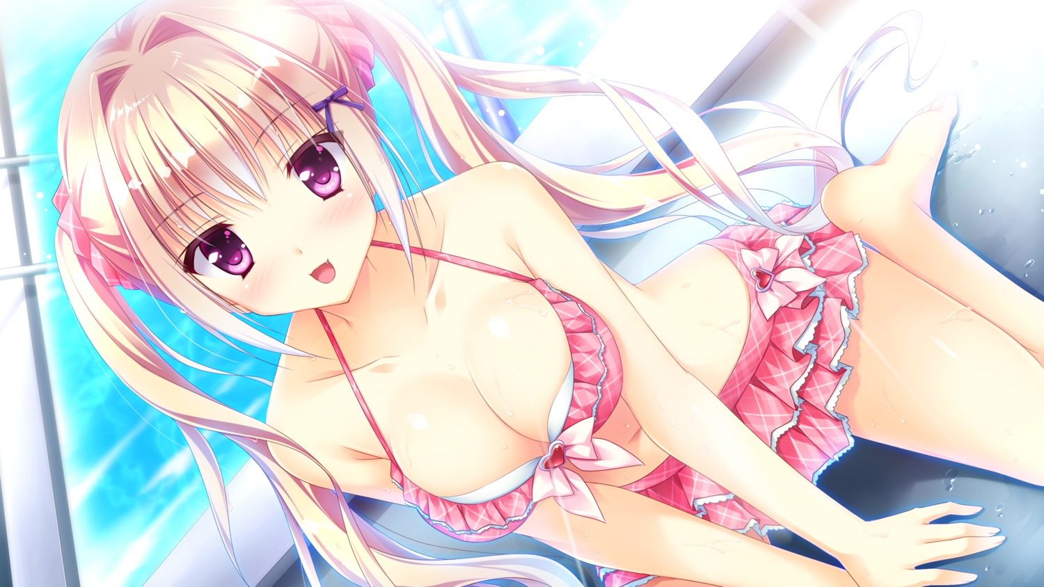 bikini, blonde_hair, blush, breasts, cleavage, ensemble_(company), game_cg, hiiragi_mio