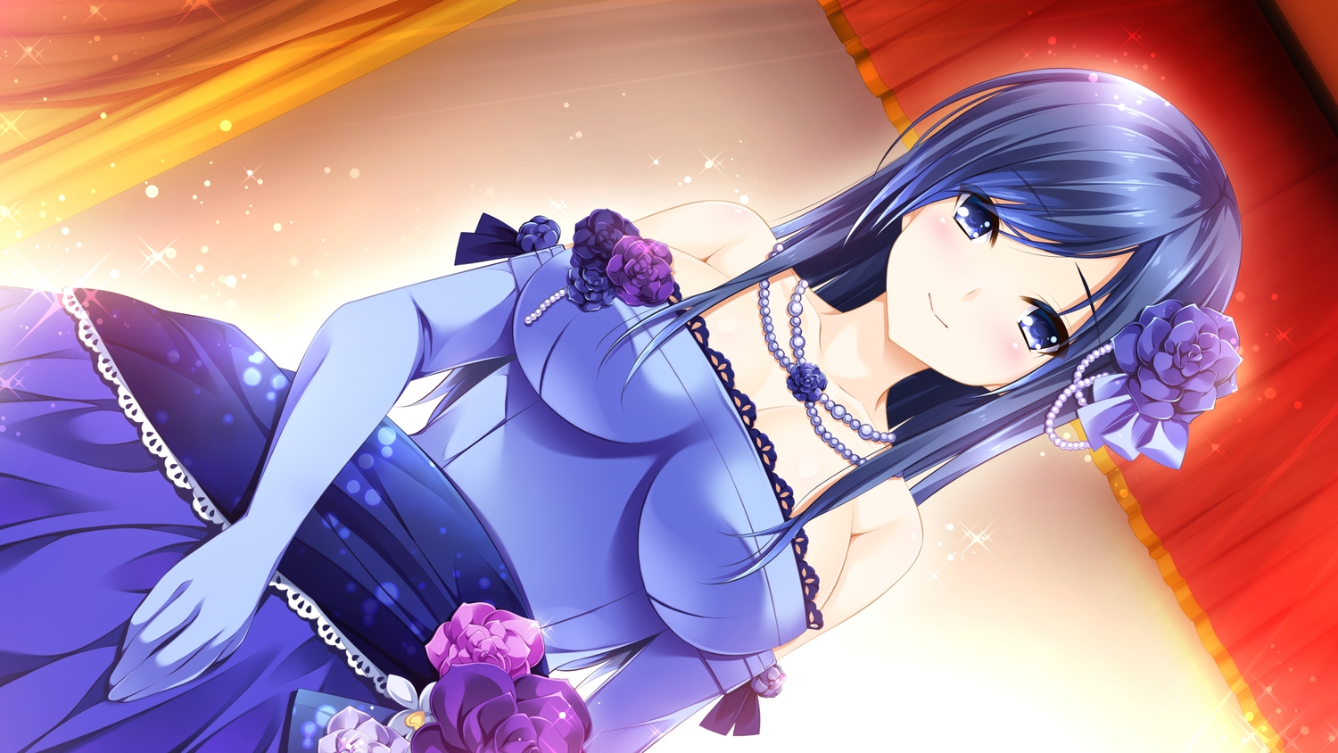 blue_eyes, blue_hair, dress, elbow_gloves, ensemble_(company), flowers, game_cg, gloves