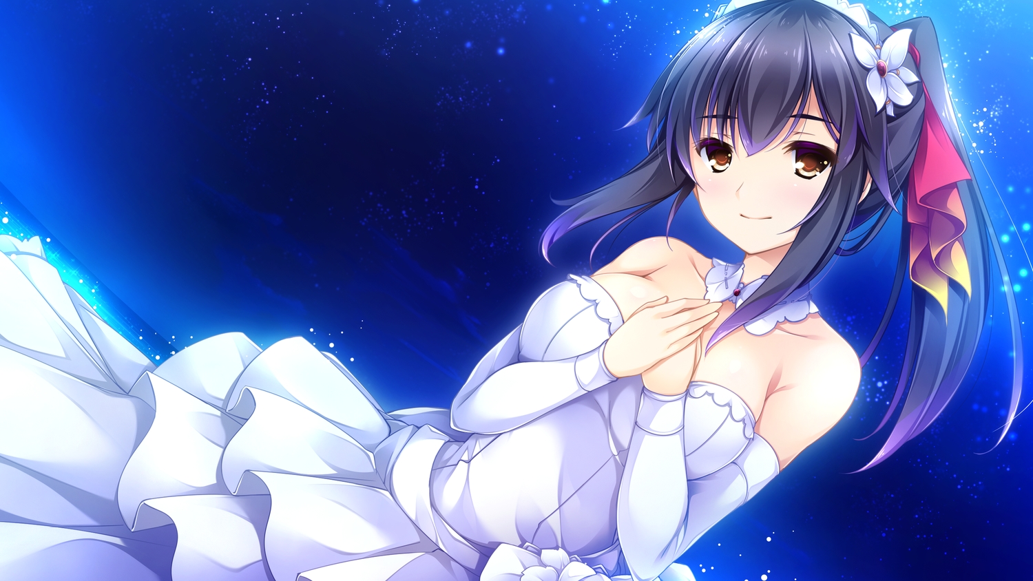 black_hair, brown_eyes, chihara_noa, dress, ensemble_(company), game_cg, night, otome_ga_irodoru_koi_no_essence, ponytail, sky, stars, tagme_(artist)