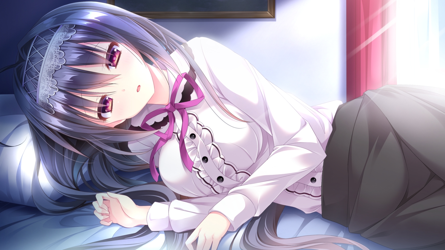 bed, black_hair, ensemble_(company), game_cg, long_hair, nonomiya_mia, omoi_o_sasageru_otome_no_melody, shirt