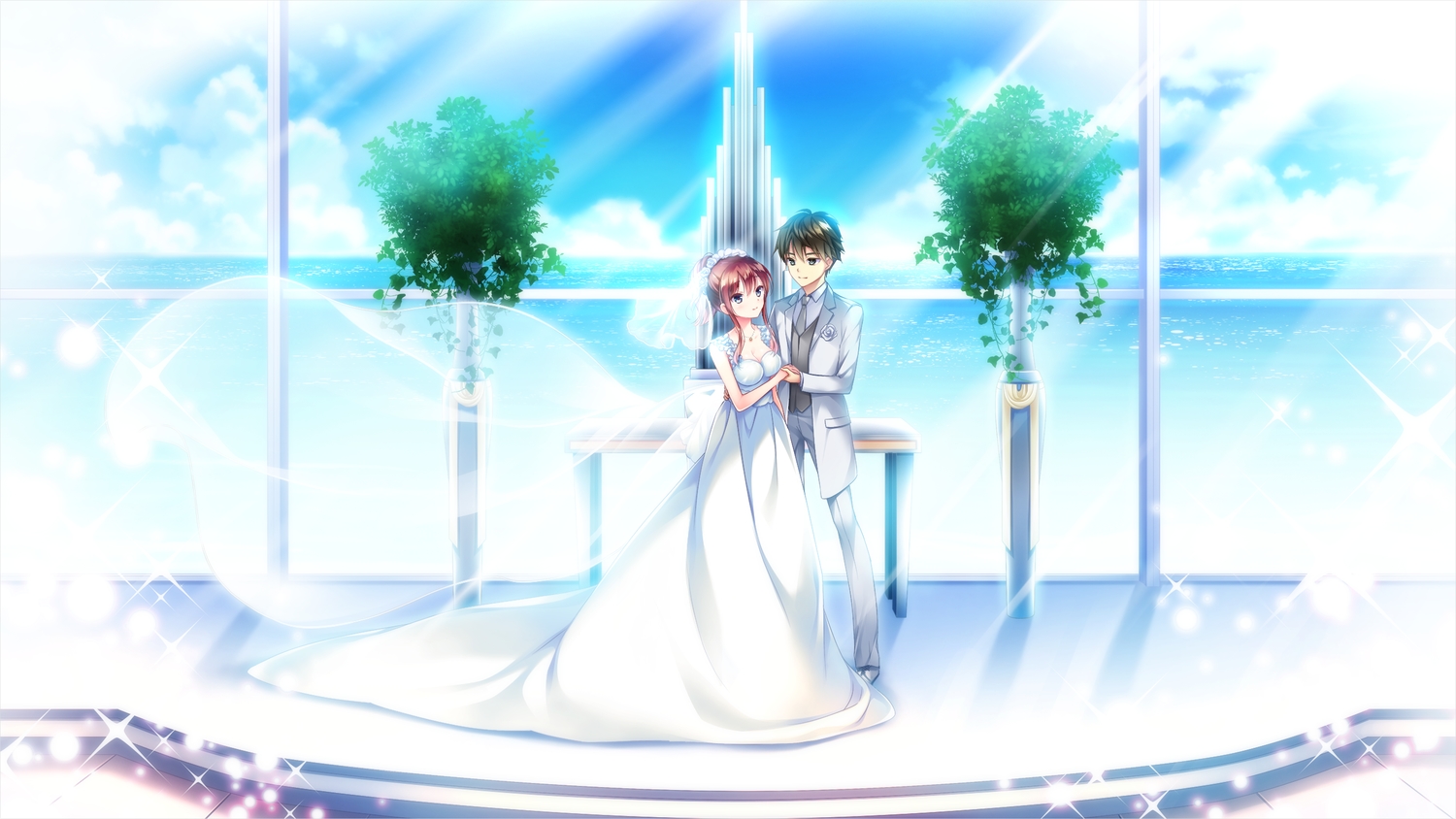 ensemble_(company), game_cg, koi_wa_sotto_saku_hana_no_you_ni, kotoishi_iori, male, suit, sumeragi_rei, tagme_(artist), water, wedding, wedding_attire