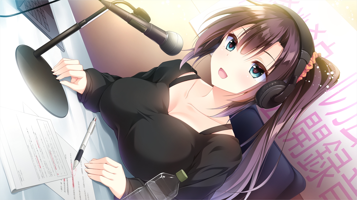 aqua_eyes, breasts, brown_hair, ensemble_(company), game_cg, headphones, koi_wa_sotto_saku_hana_no_you_ni, long_hair, microphone, miyane_saki, ponytail, tagme_(artist)