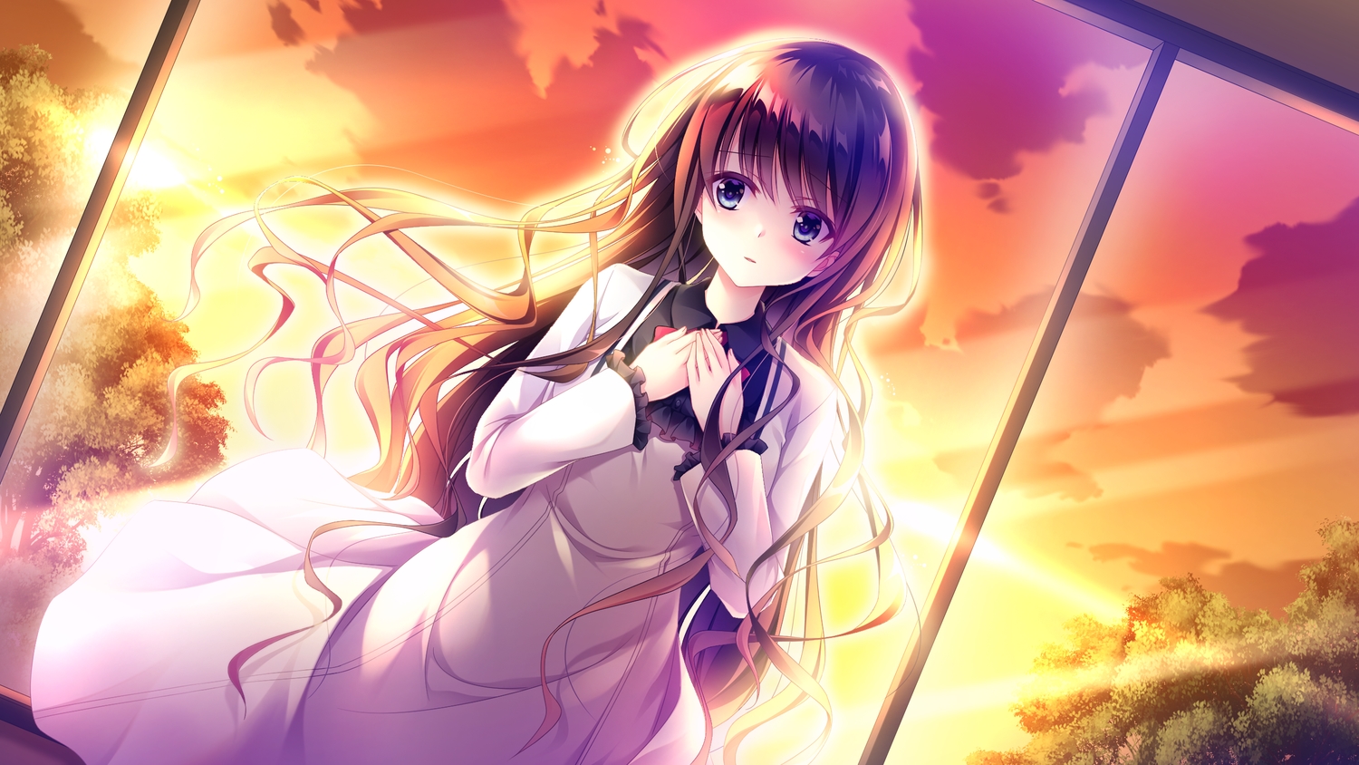 black_eyes, blush, brown_hair, dress, ensemble_(company), game_cg, koi_wa_sotto_saku_hana_no_you_ni, long_hair