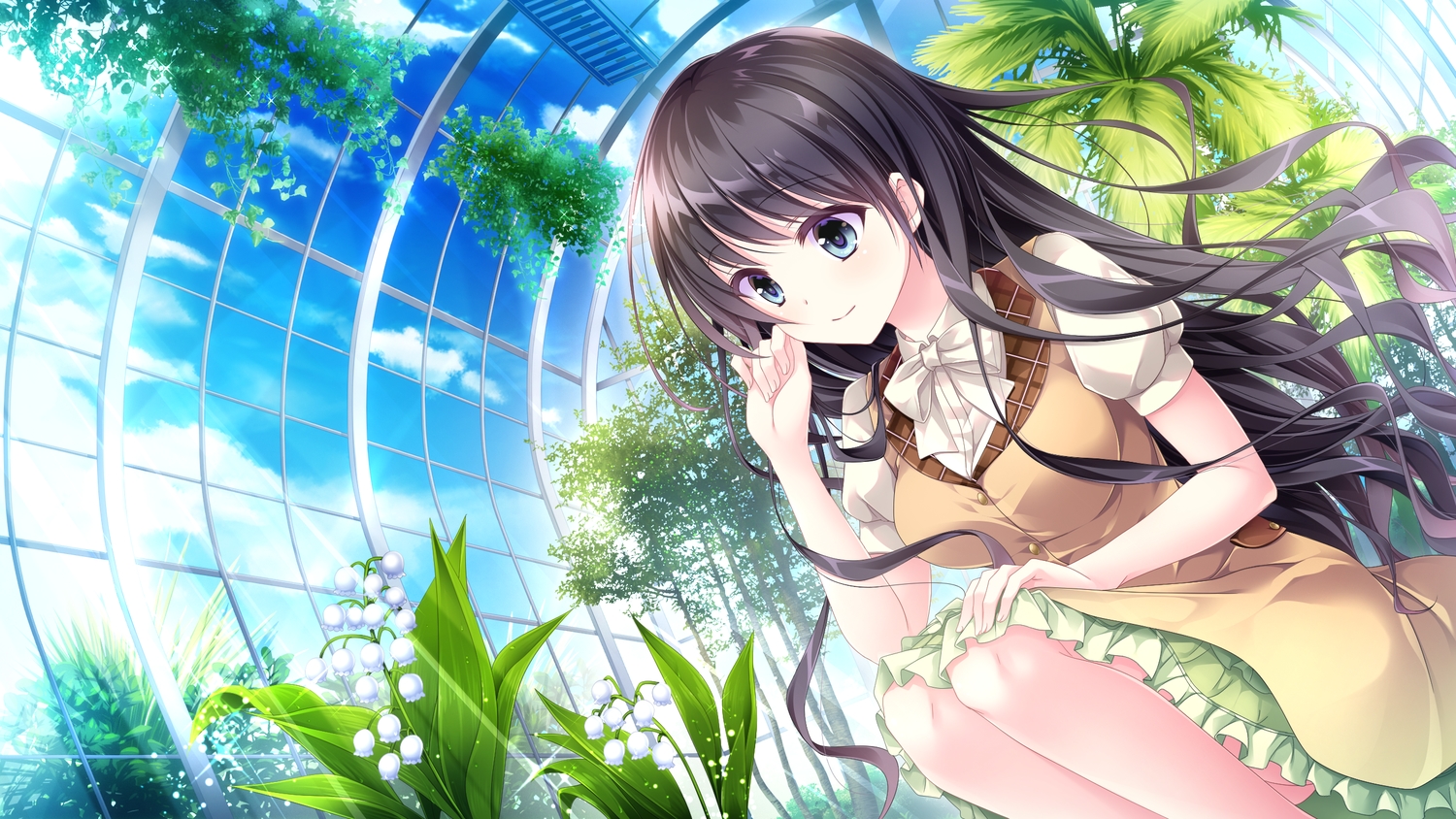 black_eyes, black_hair, clouds, dress, ensemble_(company), game_cg, koi_wa_sotto_saku_hana_no_you_ni, long_hair