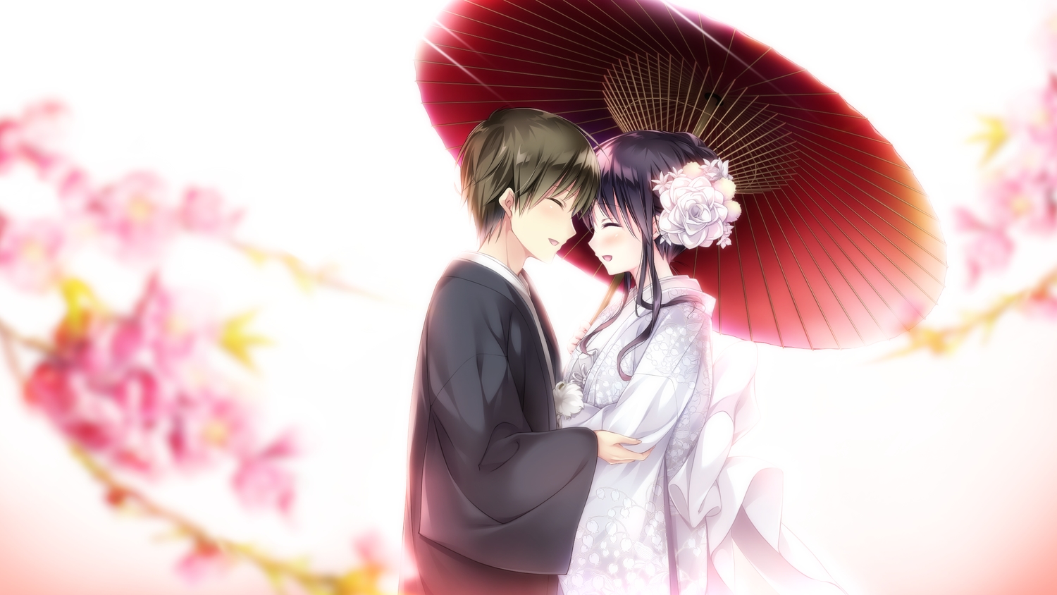 black_hair, cherry_blossoms, ensemble_(company), flowers, game_cg, japanese_clothes, kimono, koi_wa_sotto_saku_hana_no_you_ni