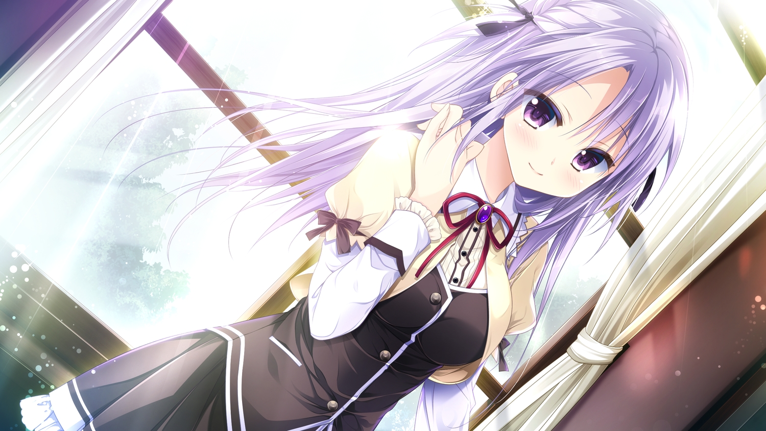 blush, ensemble_(company), game_cg, long_hair, otome_ga_musubu_tsukiyo_no_kirameki, purple_eyes, purple_hair, reizei_shizune