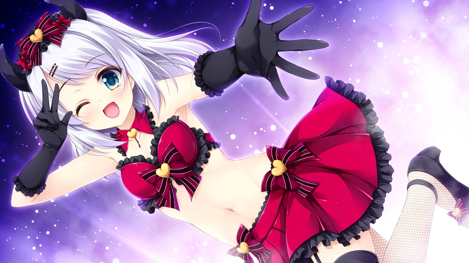 blue_eyes, blush, bow, elbow_gloves, ensemble_(company), game_cg, gloves, mizuki_yuuma, navel, otome_ga_musubu_tsukiyo_no_kirameki, sakura_kokoro, white_hair, wink