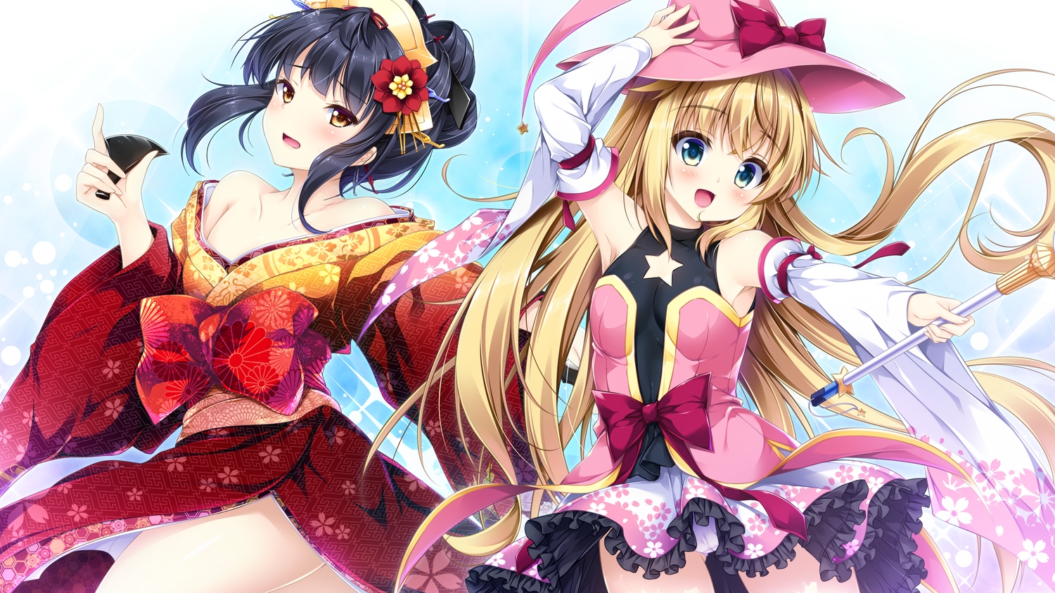 black_hair, blonde_hair, blue_eyes, blush, brown_eyes, ensemble_(company), game_cg, hat