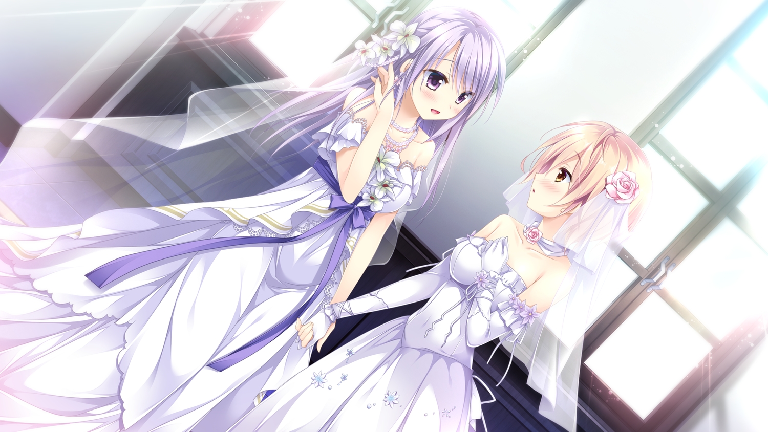 blush, ensemble_(company), flowers, game_cg, long_hair, male, mutou_kurihito, necklace, otoko_no_ko, otome_ga_musubu_tsukiyo_no_kirameki, purple_eyes, purple_hair, reizei_shizune, sesena_yau, wedding, wedding_attire, yuuki_touya