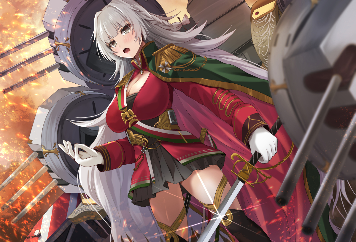 anthropomorphism, azur_lane, breasts, cape, cleavage, cropped, gloves, gray_eyes