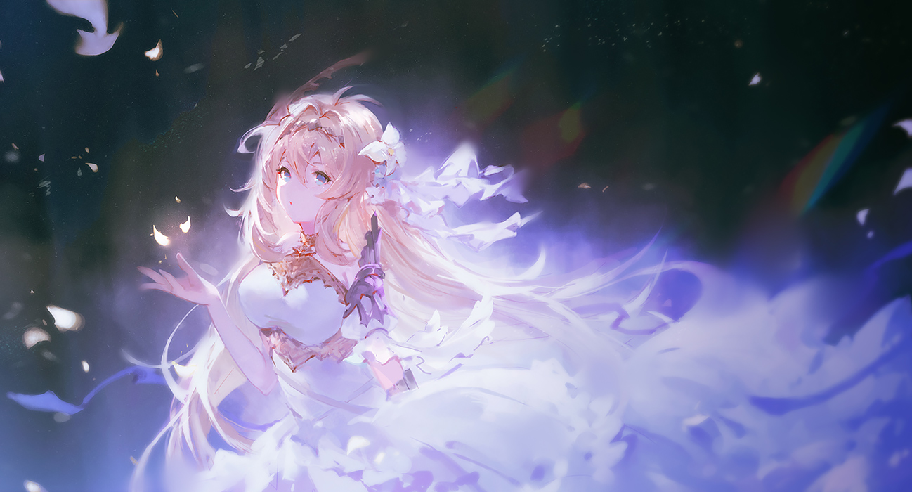 aqua_eyes, blonde_hair, dress, flowers, granblue_fantasy, jeanne_d'arc_(granblue_fantasy), long_hair, petals, vienri
