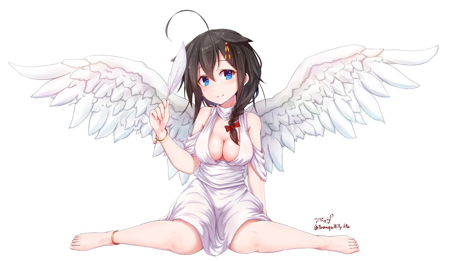 angel, anthropomorphism, baileys_(tranquillity650), barefoot, black_hair, blue_eyes, blush, bow, braids, breasts, cleavage, dress, feathers, kantai_collection, no_bra, shigure_(kancolle), short_hair, signed, white, wings, wristwear