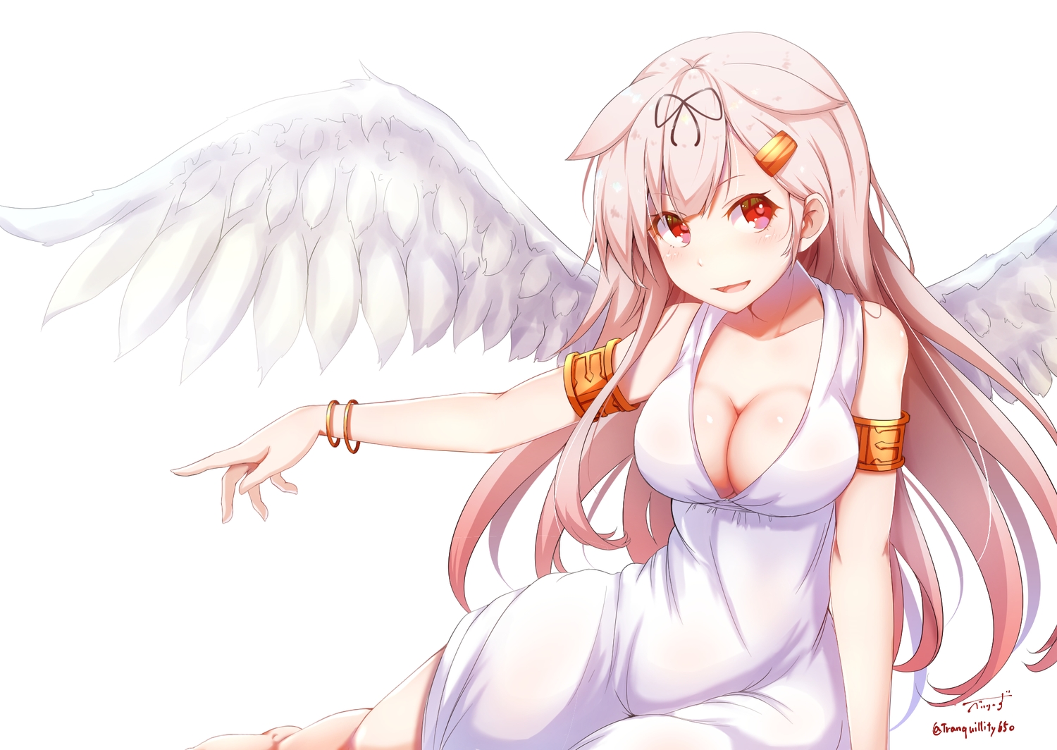 angel, anthropomorphism, baileys_(tranquillity650), blonde_hair, breasts, cleavage, dress, kantai_collection, long_hair, no_bra, red_eyes, ribbons, signed, white, wristwear, yuudachi_(kancolle)