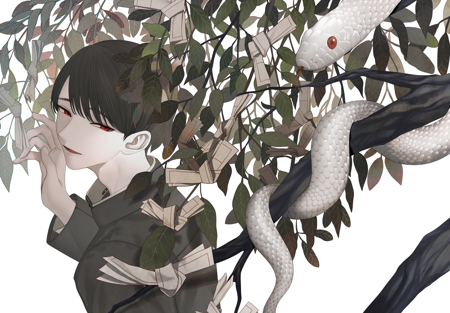 all_male, animal, black_hair, chinikuniku, close, male, original, paper, polychromatic, red_eyes, short_hair, snake, tree