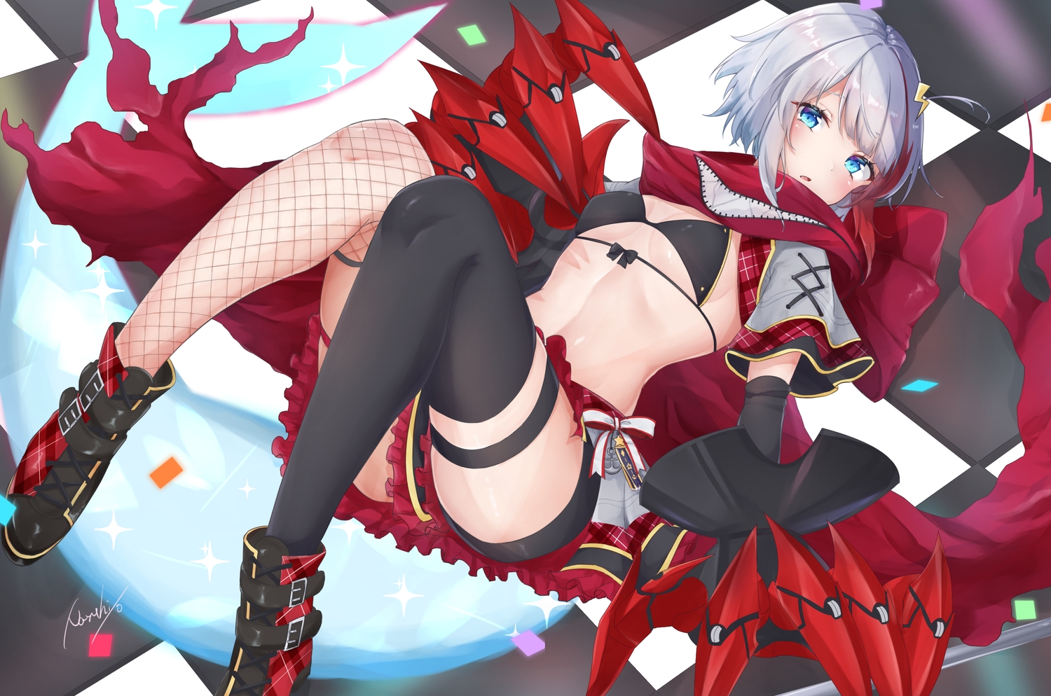 admiral_graf_spee_(azur_lane), anthropomorphism, aqua_eyes, armor, azur_lane, bikini_top, gray_hair, nayuta_hilo, short_hair, signed