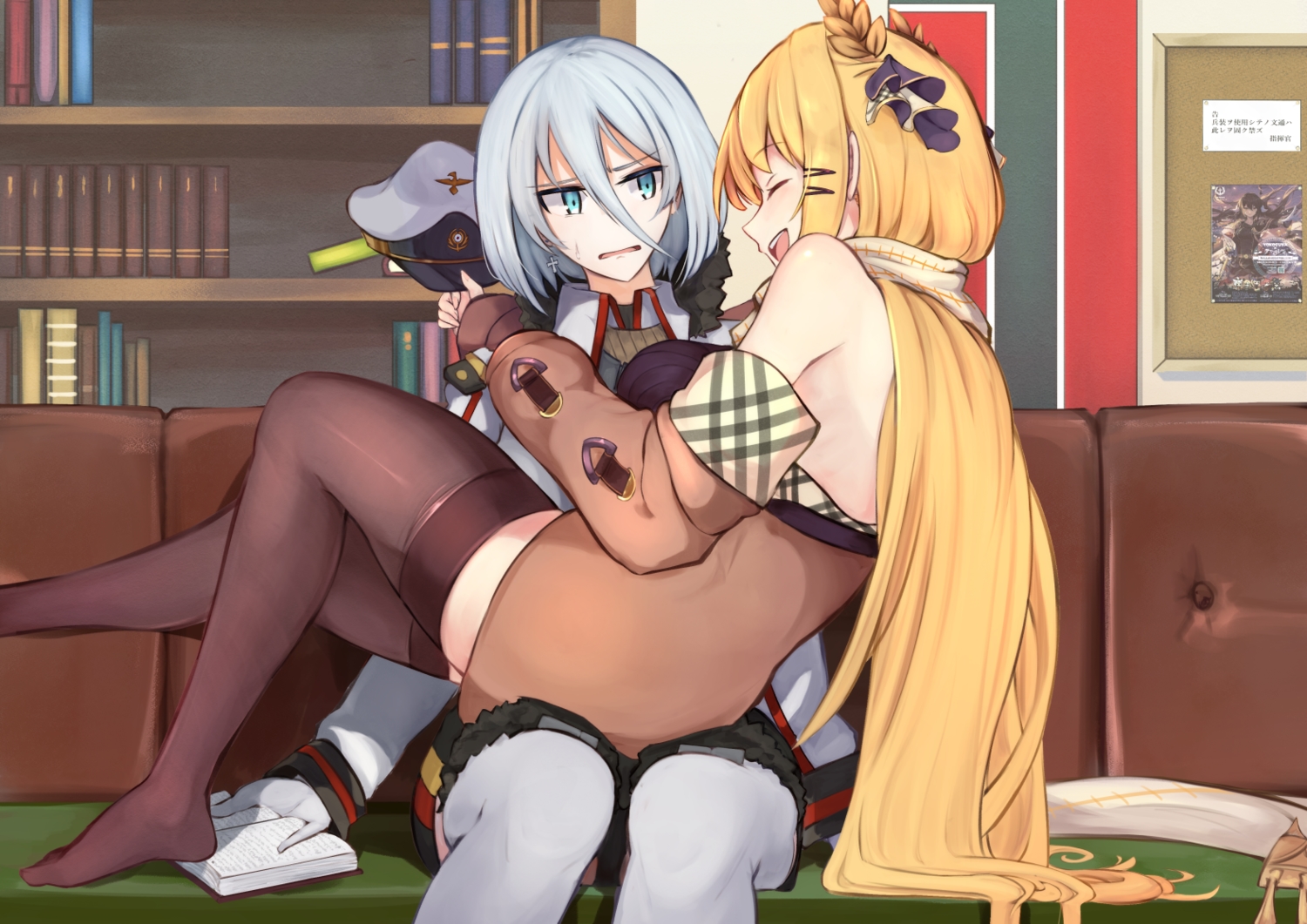 2girls, anthropomorphism, aqua_eyes, azur_lane, blonde_hair, book, gray_hair, hat, hug, long_hair, marshall2033, short_hair, shoujo_ai, thighhighs, tirpitz_(azur_lane), uniform, victorious_(azur_lane)