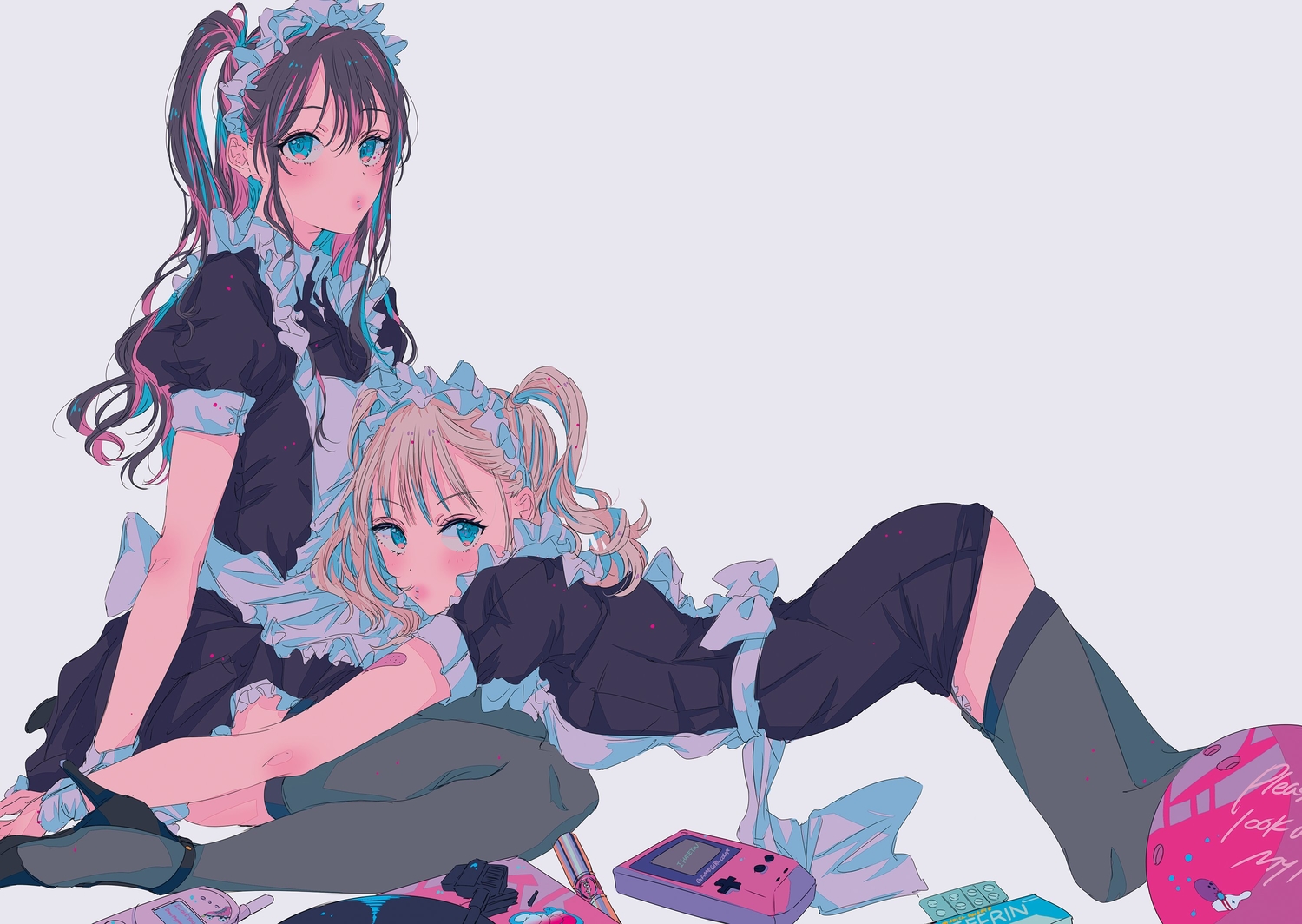 2girls, apron, ball, game_console, maid, najuco, original, phone, polychromatic
