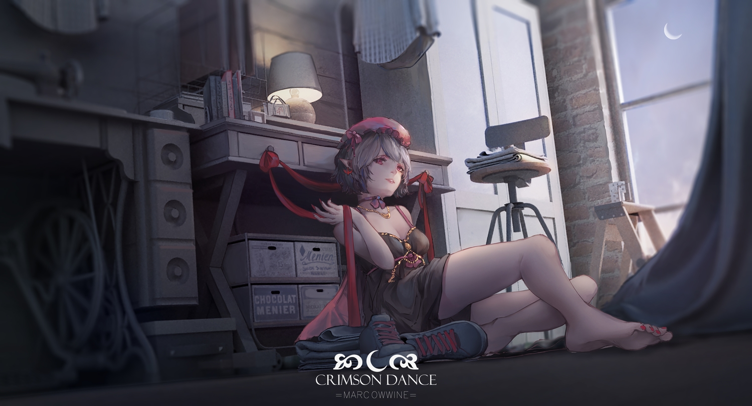 barefoot, book, hat, marcowwine, moon, pointed_ears, remilia_scarlet, short_hair, sky, touhou, watermark