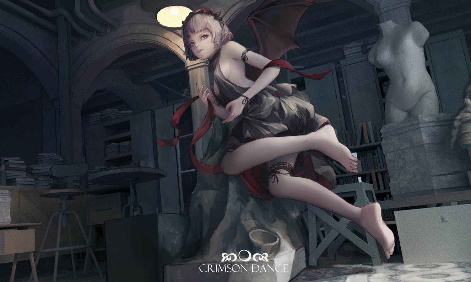 barefoot, book, gray_hair, marcowwine, no_bra, pointed_ears, remilia_scarlet, short_hair